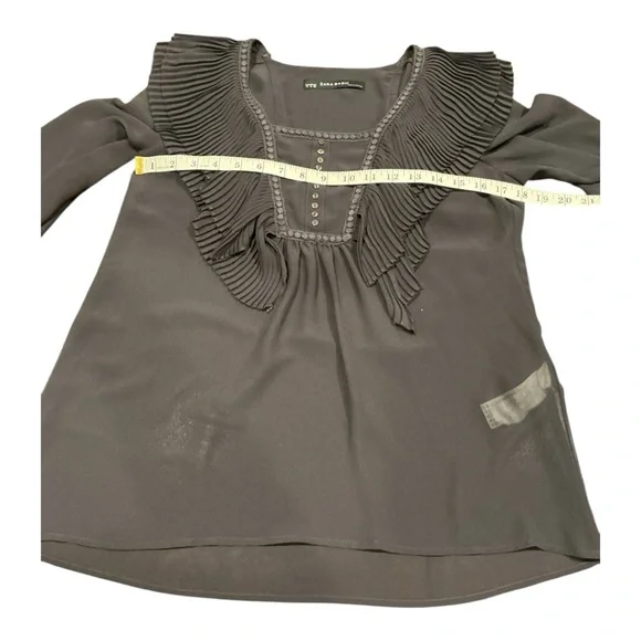Zara Basic Dark Gray Pleated Ruffle Blouse Long Sleeve Sheer Women’s Size M - Picture 3 of 7